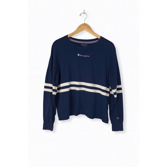 Champion Navy Blue Striped Long Sleeve Athletic Top | Size M | Logo Crewneck Tee - Picture 3 of 5